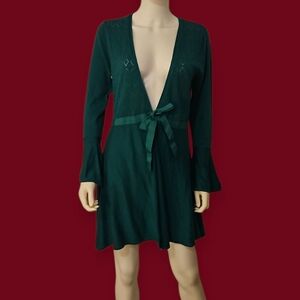 Vtg MAGGIE SWEET Emerald Green Bell Sleeve Ribbon Tie Waist Long Cardigan